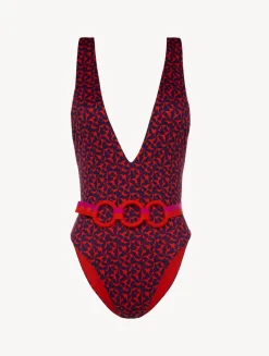 La Perla Belted Swimsuit In Red And Blue< One-Piece Bathing Suits