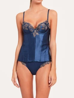 La Perla Blue Corset In Silk Satin With Frastaglio< Bodysuits & Bustiers|Shapewear