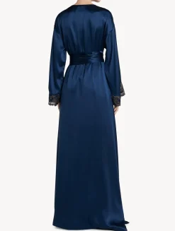 La Perla Blue Long Silk Robe With Frastaglio< Robes|Silk Sleepwear