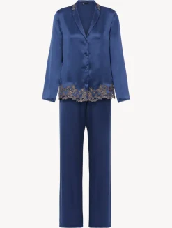 La Perla Blue Silk Long Pajamas With Frastaglio< Pajamas|Silk Sleepwear