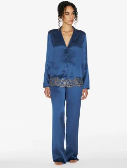 La Perla Blue Silk Long Pajamas With Frastaglio< Pajamas|Silk Sleepwear