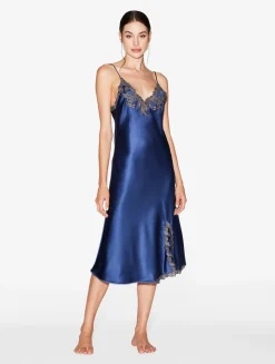 La Perla Blue Silk Satin Short Nightgown With Frastaglio< Pajamas|Slips & Dresses