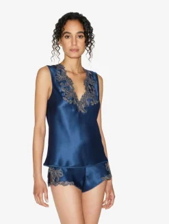 La Perla Blue Silk Satin Top With Frastaglio< Camisoles|Pajamas