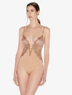 La Perla Bodysuit In Beige Lycra With Embroidered Tulle< Bodysuits & Bustiers|Shapewear