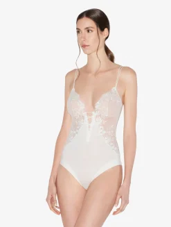 La Perla Bodysuit In Off-white Lycra With Embroidered Tulle< Bodysuits & Bustiers|Shapewear