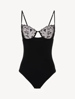 La Perla Bodysuit In Onyx With Embroidered Tulle< Bodysuits & Bustiers