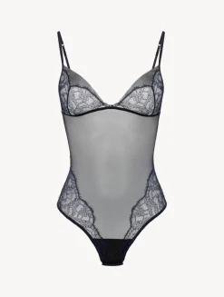 La Perla Bodysuit In Steel And Black With Leavers Lace< Bodysuits & Bustiers