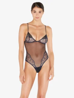 La Perla Bodysuit In Steel And Black With Leavers Lace< Bodysuits & Bustiers