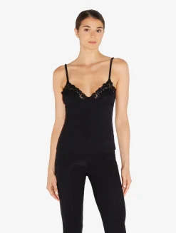 La Perla Cashmere Blend Ribbed Camisole In Onyx With Frastaglio< Camisoles|Pajamas