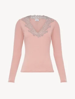 La Perla Cashmere Blend Ribbed Long-sleeved Top In Blush Clay With Frastaglio< Pajamas|Loungewear