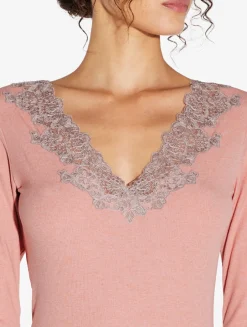La Perla Cashmere Blend Ribbed Long-sleeved Top In Blush Clay With Frastaglio< Pajamas|Loungewear