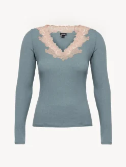 La Perla Cashmere Blend Ribbed Long-sleeved Top In Sleepy Dream With Frastaglio< Camisoles|Pajamas