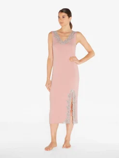 La Perla Cashmere Blend Ribbed Long Nightgown In Blush Clay With Frastaglio< Pajamas|Slips & Dresses