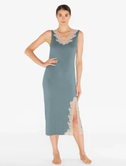 La Perla Long Cashmere Blend Ribbed Nightgown In Sleepy Dream With Frastaglio< Pajamas|Slips & Dresses