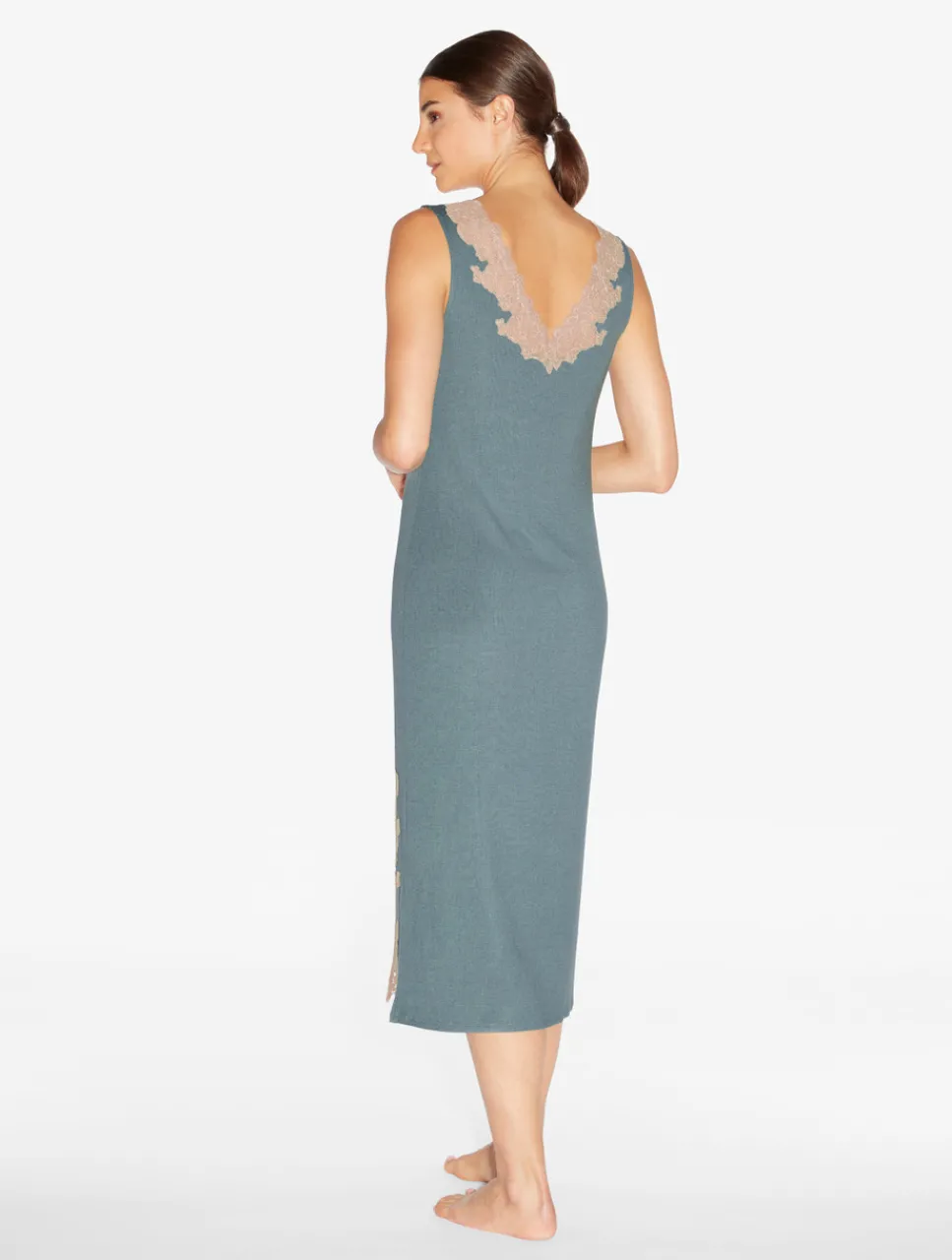 La Perla Long Cashmere Blend Ribbed Nightgown In Sleepy Dream With Frastaglio< Pajamas|Slips & Dresses