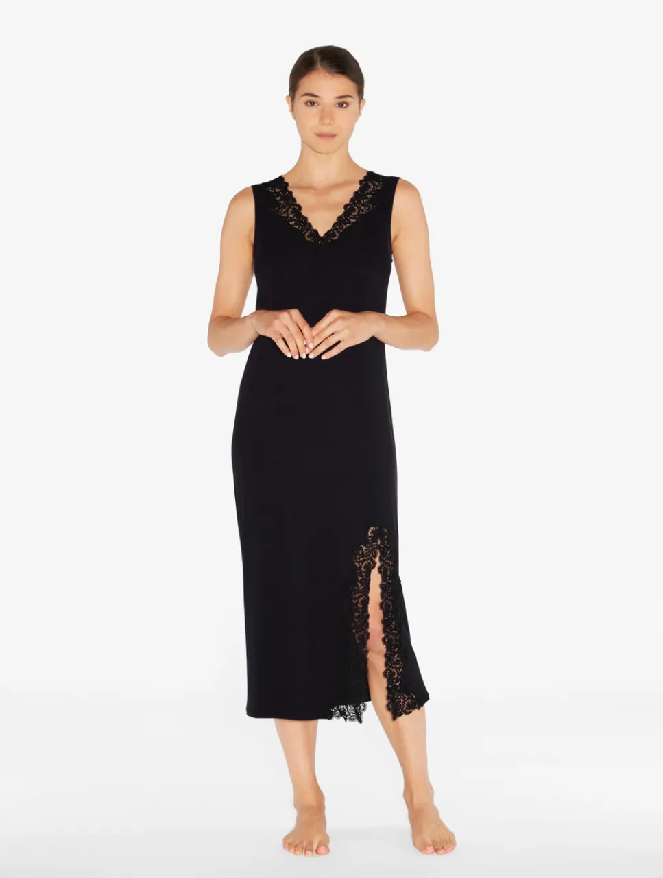 La Perla Long Cashmere Blend Ribbed Nightgown In Onyx With Frastaglio< Pajamas|Slips & Dresses