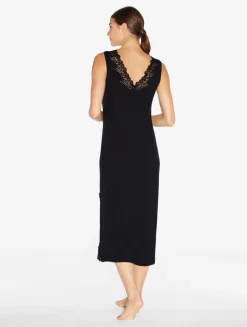 La Perla Long Cashmere Blend Ribbed Nightgown In Onyx With Frastaglio< Pajamas|Slips & Dresses
