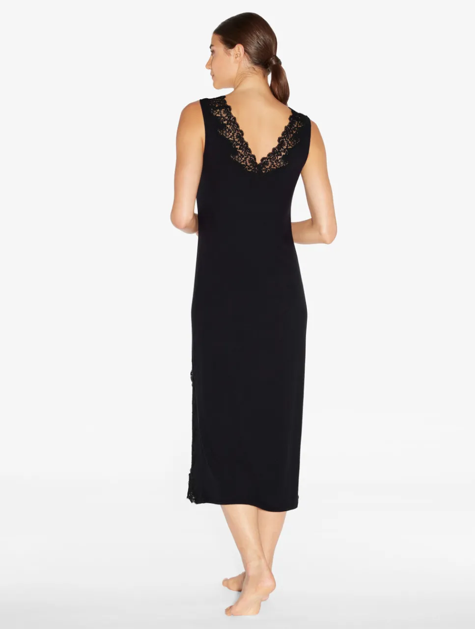 La Perla Long Cashmere Blend Ribbed Nightgown In Onyx With Frastaglio< Pajamas|Slips & Dresses