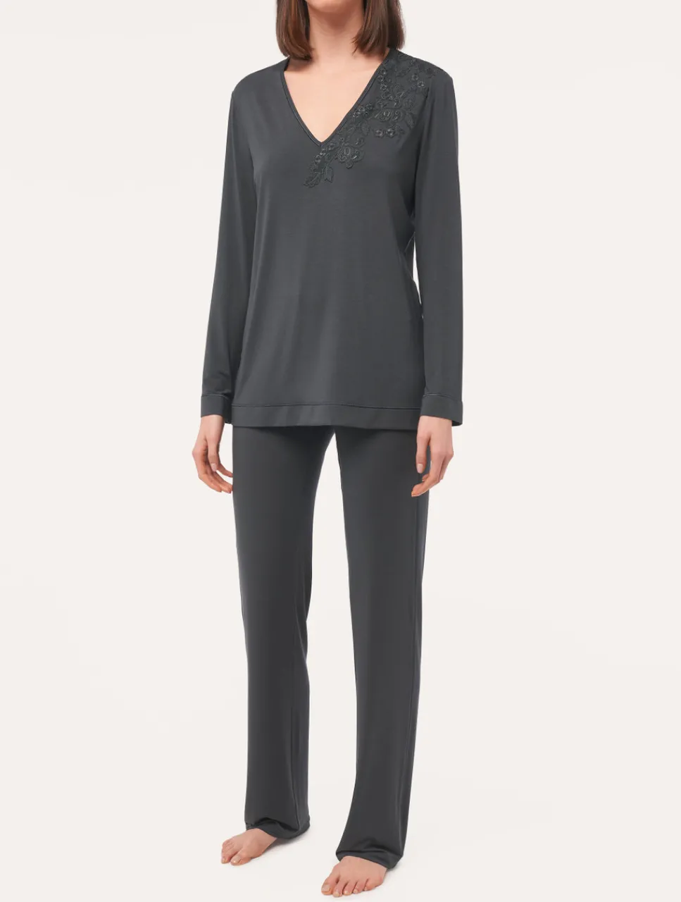La Perla Long-sleeved Top In Charcoal Modal< Camisoles|Pajamas