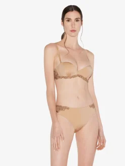 La Perla Medium Brief In Beige Lycra With Embroidered Tulle< Mid-Rise