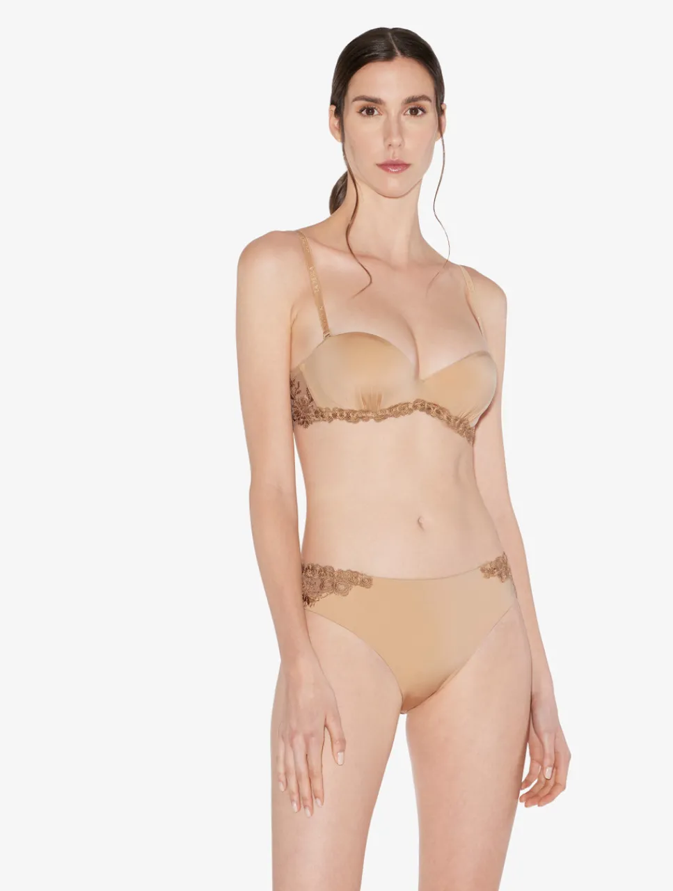 La Perla Medium Brief In Beige Lycra With Embroidered Tulle< Mid-Rise