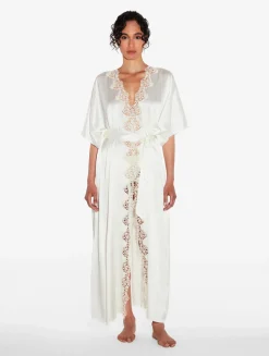 La Perla Off-white Long Silk Robe With Macramé< Robes|Silk Sleepwear