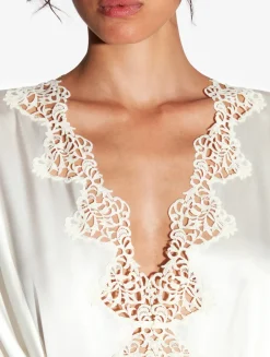 La Perla Off-white Long Silk Robe With Macramé< Robes|Silk Sleepwear