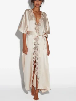 La Perla Rose Beige Long Silk Robe With Macramé< Robes|Silk Sleepwear