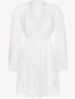 La Perla Short Robe In Off With Cotton Leavers Lace< Robes