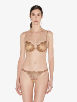 La Perla Thong In Beige Lycra With Embroidered Tulle< G String & Thong
