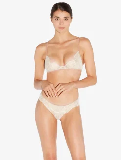 La Perla Thong In Linen And Nude Rose With Leavers Lace< G String & Thong