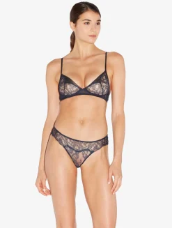 La Perla Thong In Steel And Black With Leavers Lace< G String & Thong
