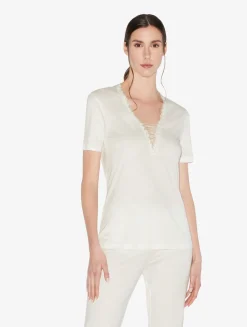 La Perla T-shirt In Off-white Modal With Embroidered Tulle< Camisoles|Pajamas