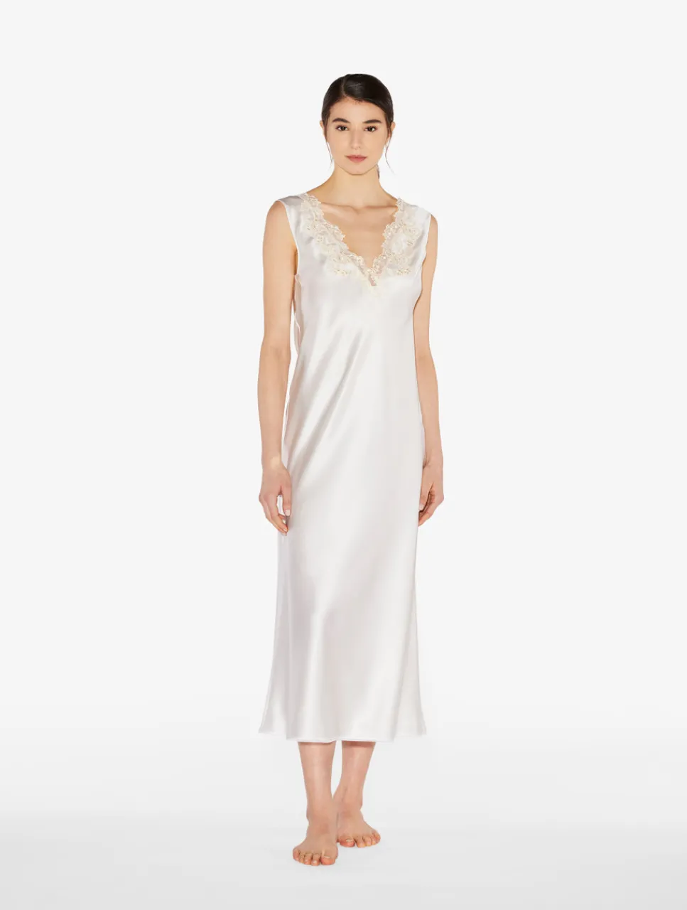 La Perla Silk Satin Long Nightgown With Frastaglio< Slips & Dresses|Silk Sleepwear